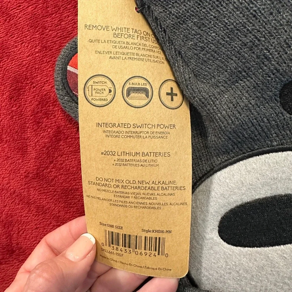 Igloos Kids LED‎ Lighted Beanie Hat Grey Bear Plaid Ears 5-Bulb KH016-MN NWT